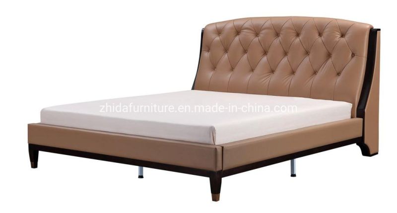 Chinese Factory Modern King Bed Queen Bed Single Bed with Buttons Wood Legs