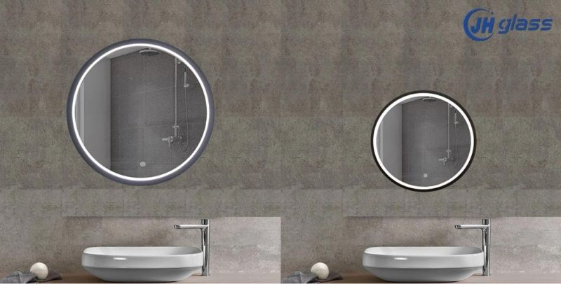 Modern Round Shape Illuminated Safety Fog Free, Dimmer and Touch Sensor Wall Hanging Black Framed LED Bathroom Mirror