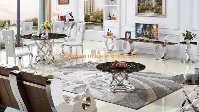 4 People Table Modern Round Gold Dining Table with Super White Black Marble Top