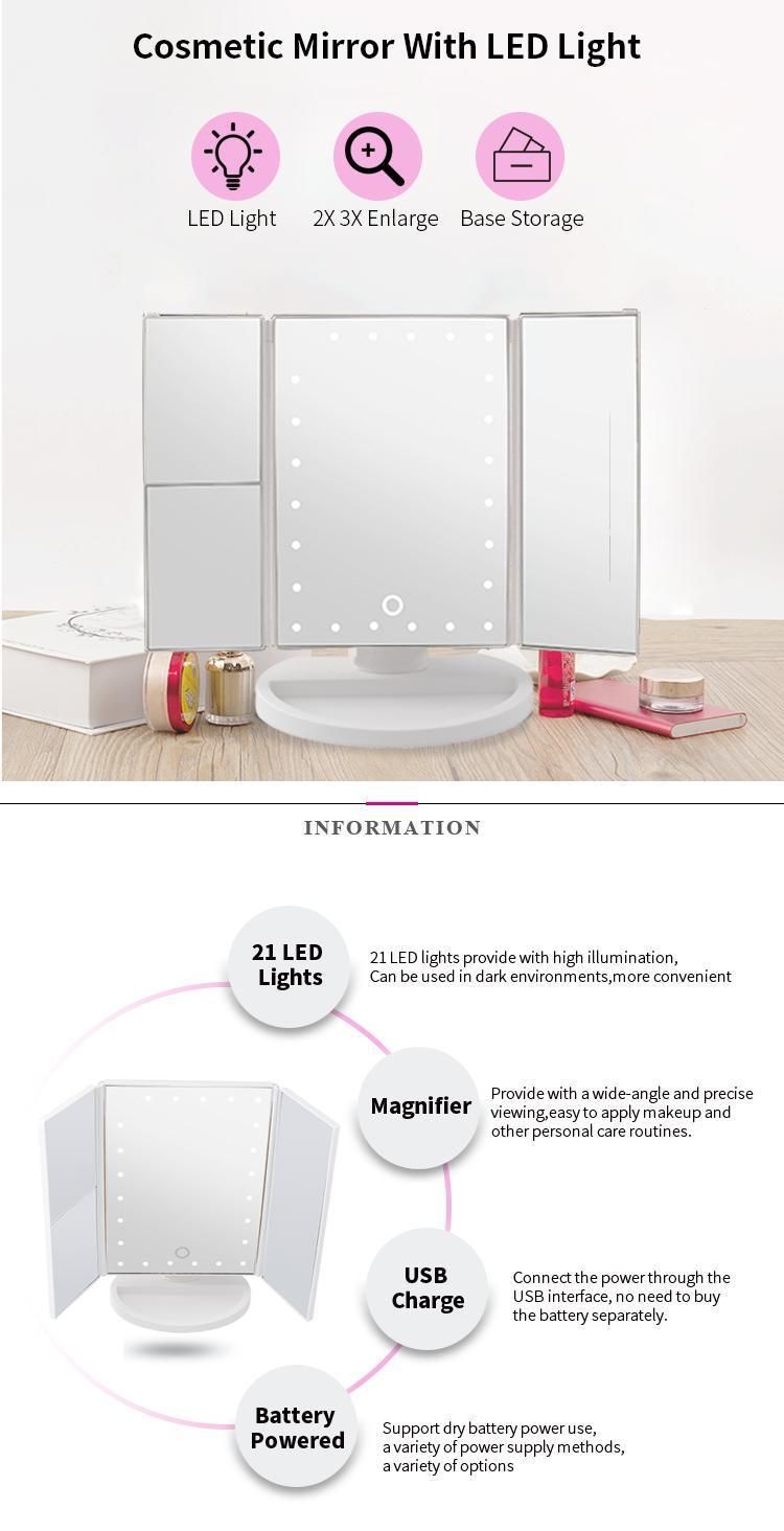 Pritech OEM Customized 21 LED Light USB Charge Battery Powered Folding Cosmetic Makeup Mirror