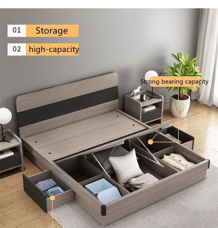 Light Luxury Grey Color Modern Style Hotel Home Furniture Wooden Bedroom King Size Beds with Cabinet