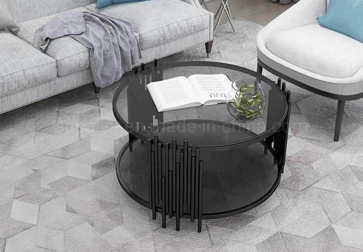 New Round Shaped Glass Top Black Metal Coffee Table