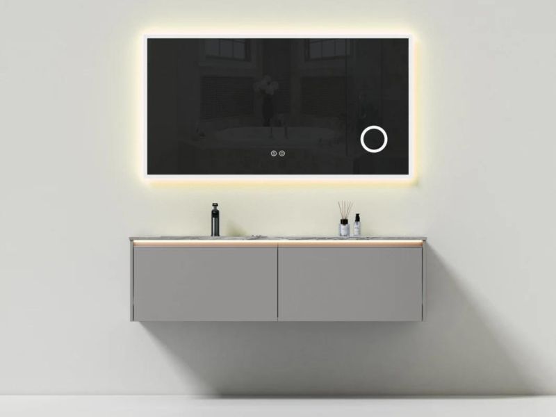 Modern Luxury Gray Melamine Bathroom Cabinet Bathroom Vanity with Rectangular LED Mirror Big Storage Cabinet