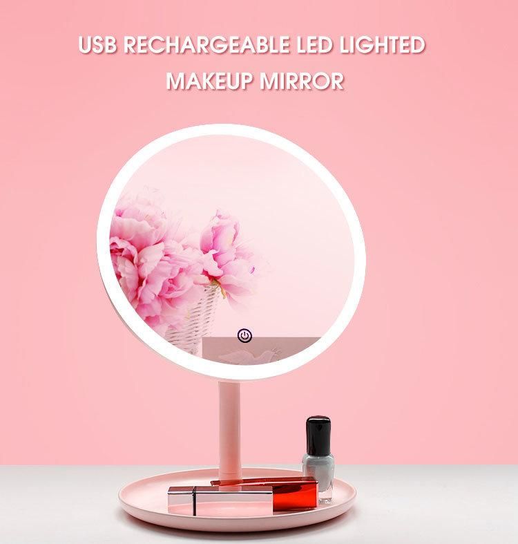 Round Chargeable Portable Travel Storage Smart Makeup Vanity Table LED Mirror