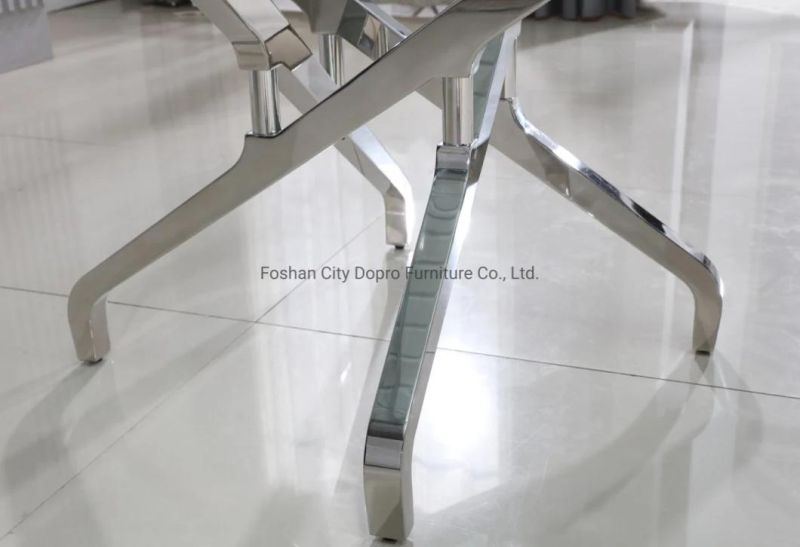 Dopro New Design Stainless Steel Polished Sivler Crossed Dining Table D2008 with Clear Tempered Glass