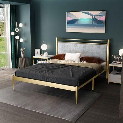 Manufacture Factory Bedroom Golden Velvet Cushion Headboard Iron Bed