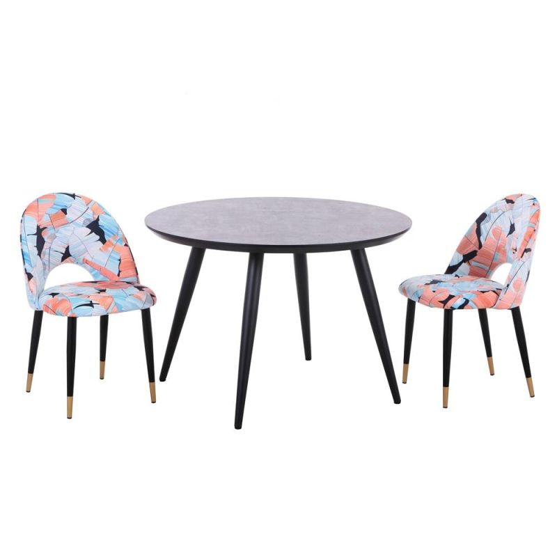 Cheap Round Black Table Flower Fabric Chair Small Dining Table Set 4 Chairs