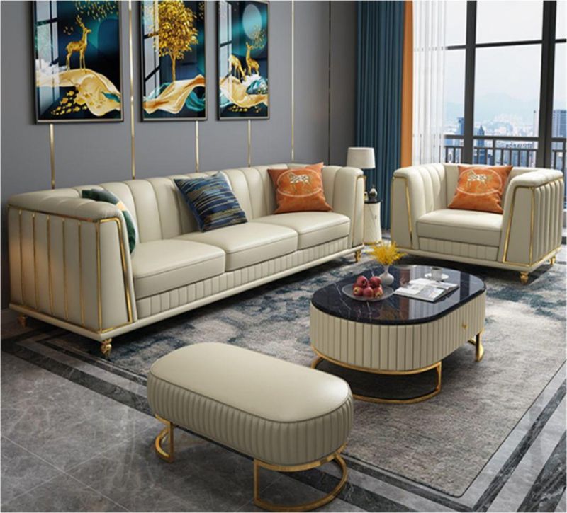 Modern Design Hot Sale Luxury Stainless Steel Living Room Home Furniture L Shape Sofa Leather Leisure Comfortable Sofa Set