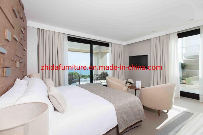 Luxury Apartment Room Modern Five Star Hotel Furniture Villa Living Room Bedroom Wooden King Size Bed with Stool