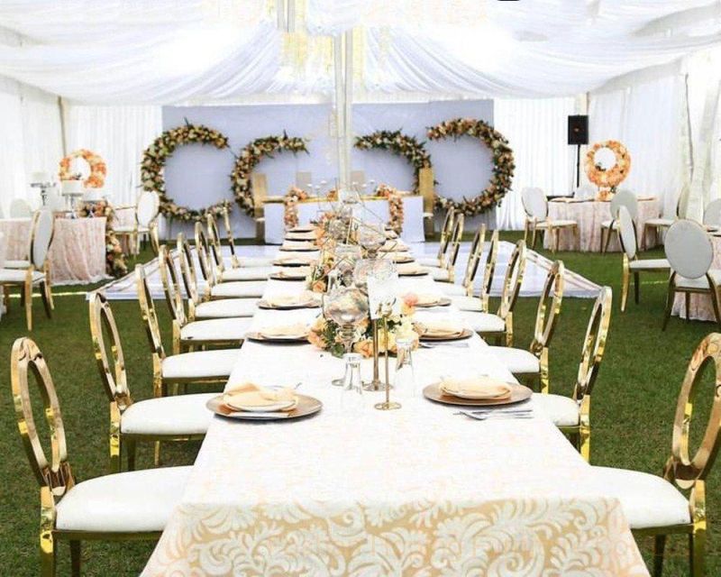 Factory Luxury Modern Event Hall Use Stainless Steel Guest Chair Hotel Gold Metal Frame Stainless Steel Hole Back Chair Wedding Used Banquet Chairs for Sale