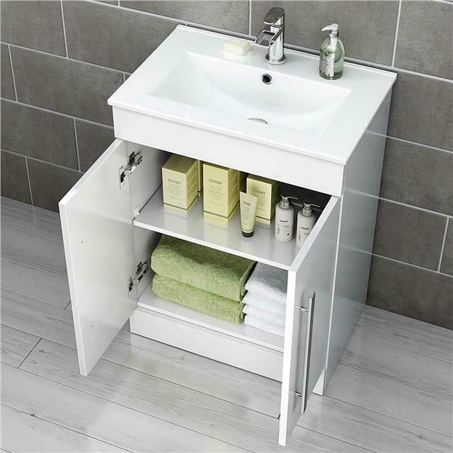 600 mm White Gloss Vanity Sink Unit Ceramic Basin Bathroom Storage Furniture