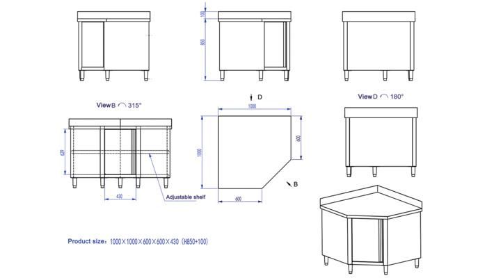 Customized Stainless Steel Work Table Corner Cabinet for Kitchen