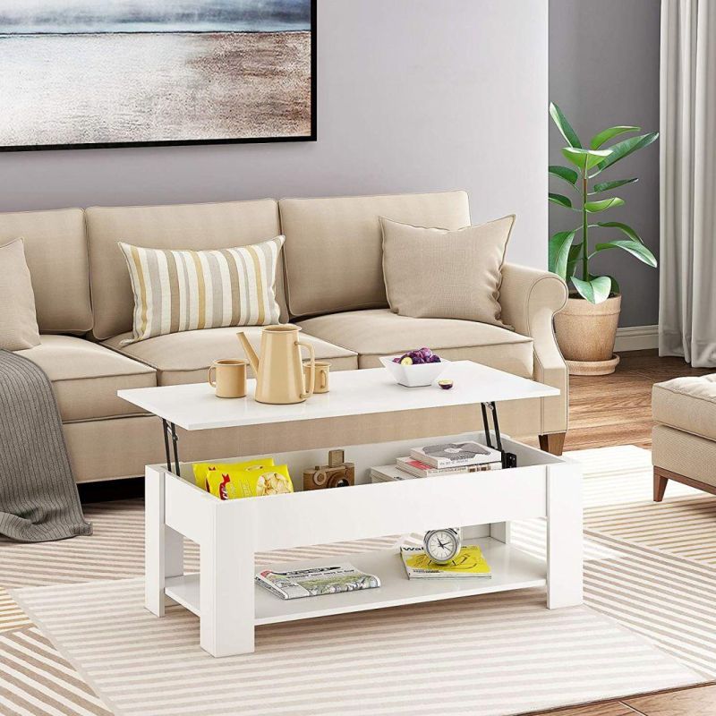 Modern White Cocktail Table Coffee Table with Hidden Compartment Storage Shelves for Living Room