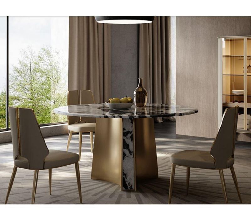 Modern New Design Hot Sale Luxury Dining Room Furniture Natural Marble Top Stainless Steel Frame Golden Round Dining Tables and Chairs