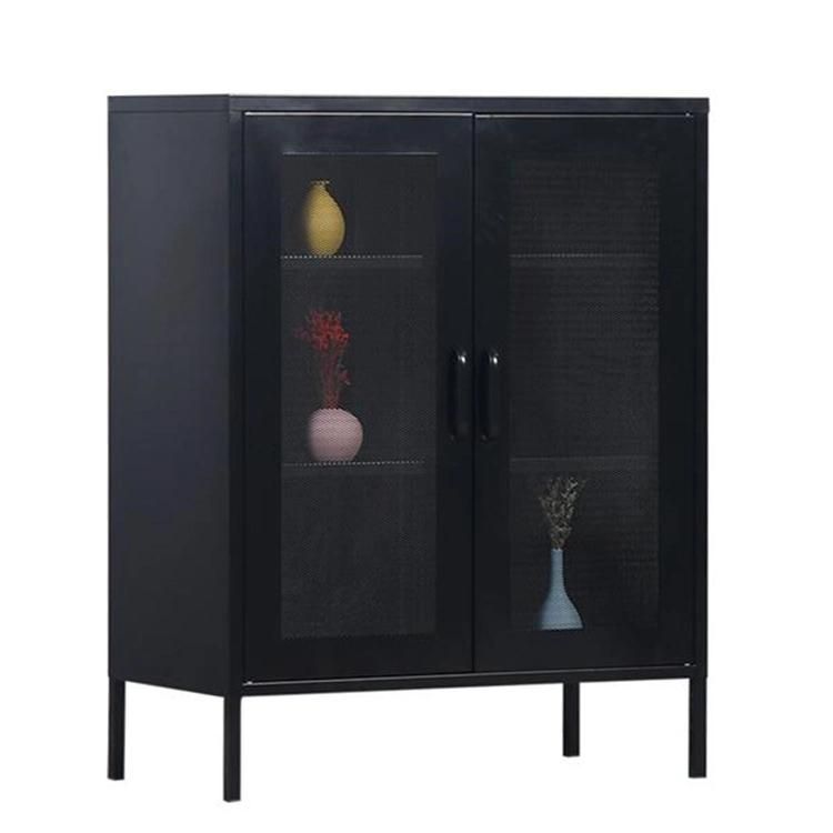 Luxury Modern Living Room Mesh 2-Door Accent Cabinet Metal Cabinet Black with Powder Coated