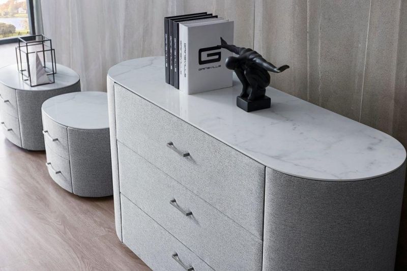 Modern Bedroom Furniture Sets Oval Casegoods Bedside Table Upholstered Nightstand Cabinet with Marble Topside