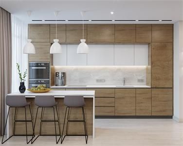 Apartment Simple Long Lasting Linear Shaped Wood Veneer Kitchen Cabinet with Kitchen Island