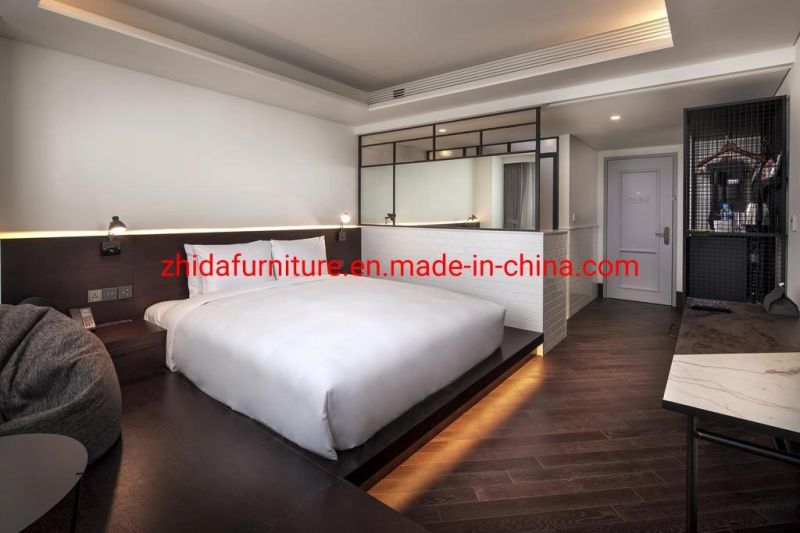 Simple Japanese Hotel Guest Room Furniture Living Room Modern Apartment Bedroom Set Wooden Double Bed Furniture with LED Light Headboard