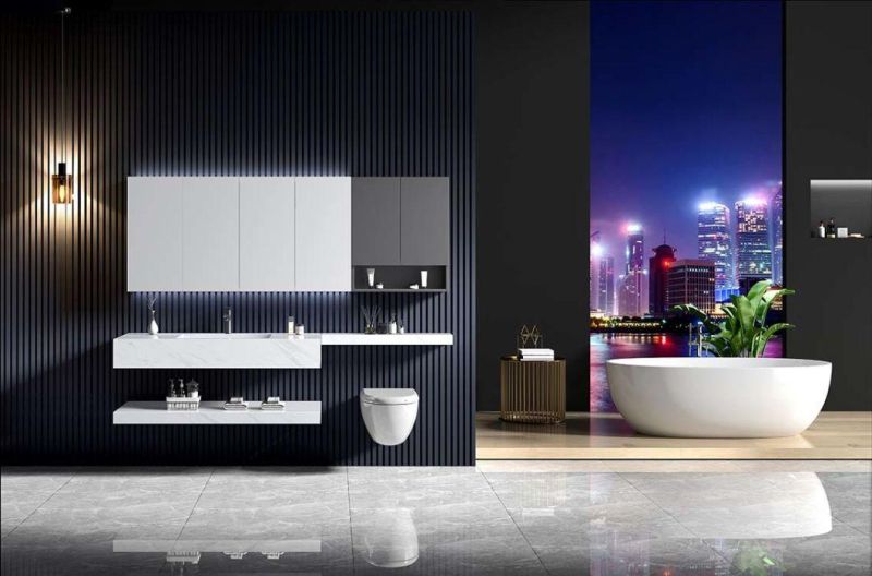 Modern Hotel Style Wall Mounted Plywood Bathroom Vanity MDF Cabinet Hot Selling Free Standing Vanity with LED Mirror