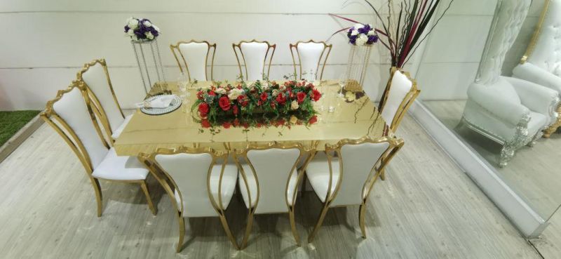 Royal Luxury Wedding Stainless Steel Gold Dining Table Round Marble Top and Chair Designs