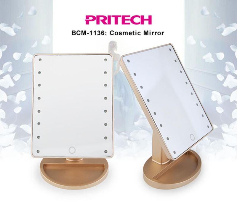 Pritech Battery Operated Custom Design Plastic Material Stand LED Beauty Makeup Mirror