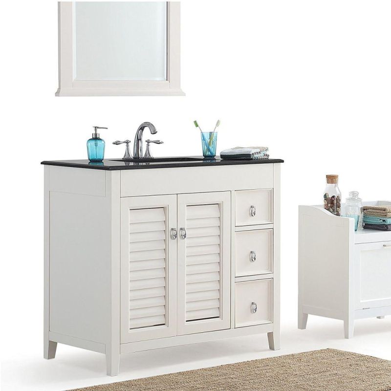 White Solidwood and Plywood Bathroom Vanity with Ceramic Basin & Marble Top