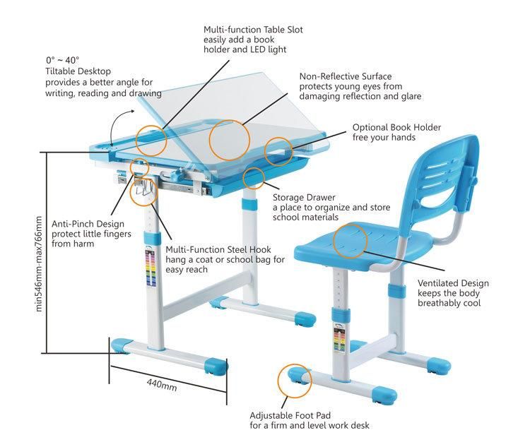 Home School Furniture Height Adjustable Kids Study Desk with Chair