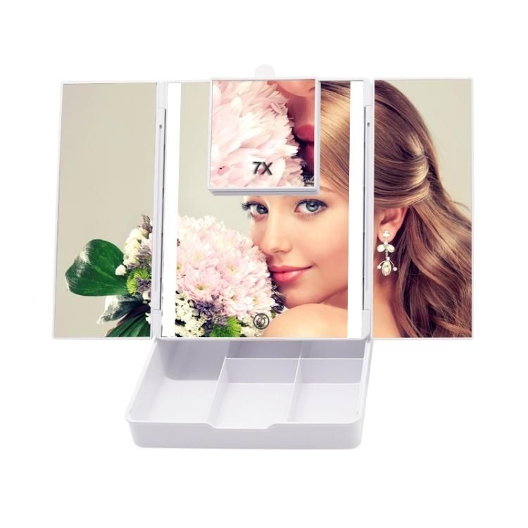 Trifold Makeup Vanity Mirror with 16 Dimming LED Lighted and Organizer