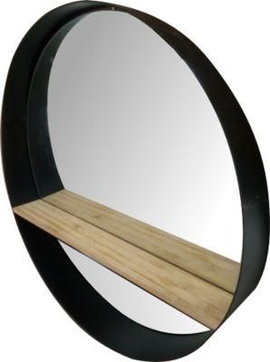 Round Shape Black Color Metal Framed Bathroom Wall Mounted Mirror with Wooden Shelf