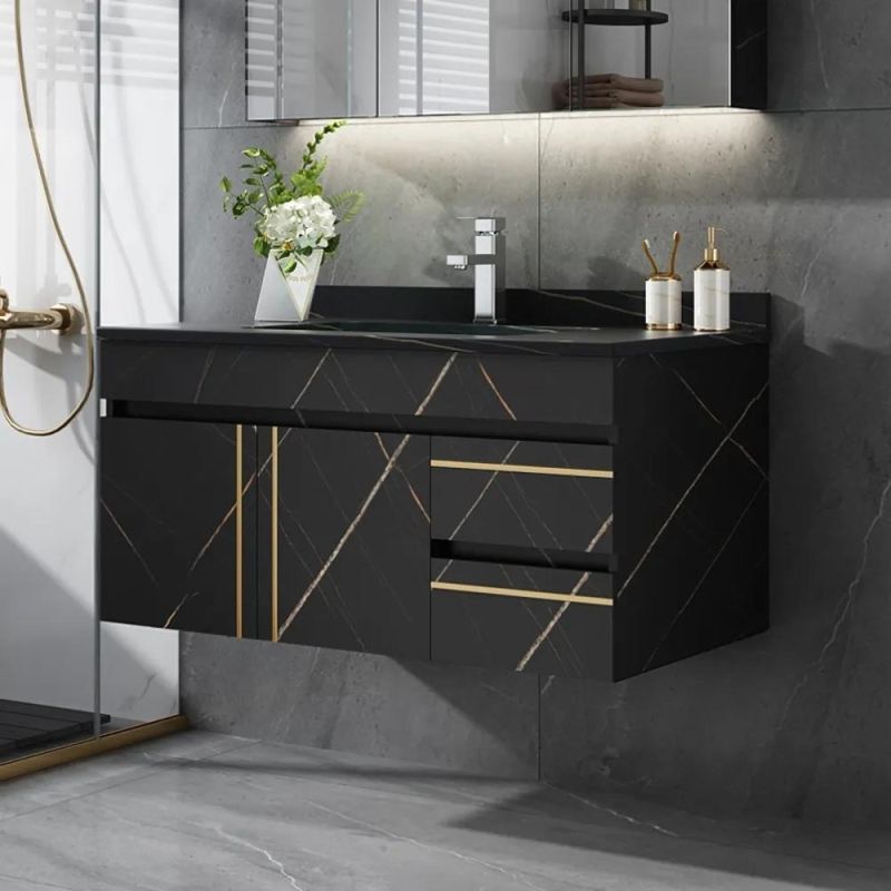 35" Black Modern Faux Marble Floating Bathroom Vanity Single Ceramic Sink