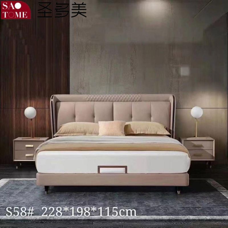 Hotel Bedroom Furniture Dark Grey Leather Solid Wood Frame Double Bed