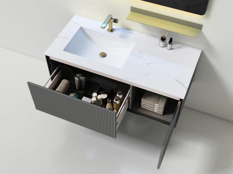 Modern Luxury Gray Melamine Bathroom Cabinet Bathroom Vanity with Rectangular LED Mirror Big Storage Cabinet