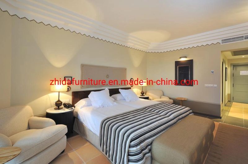 Custom Make Good Quality 3-5 Star Hotel Apartment Furniture Living Room Bedroom Wooden King Size Bed with Stool for Hotel Project