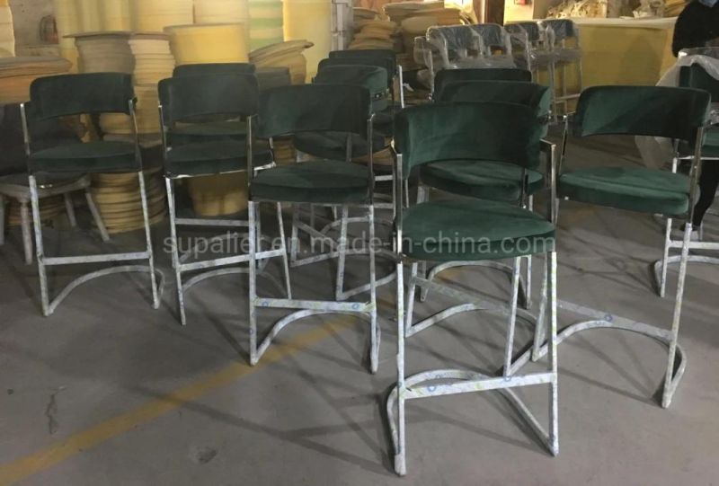 Gold Stainless Steel Green Velvet High Bar Chairs with Arms