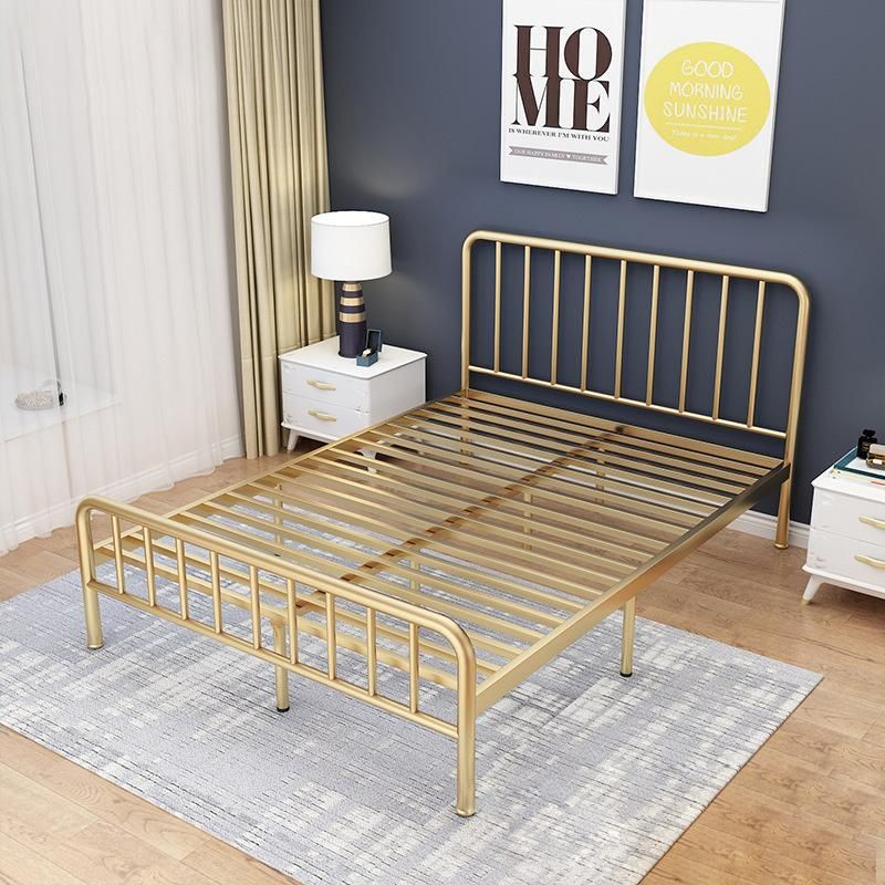 Modern Home Hotel Bedroom Genuine Leather Upholstered Golden Metal Frame Bed