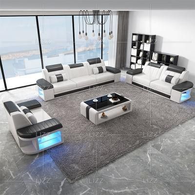 Modern Sectional Leather Lounge Home Furniture Living Room Corner Sofa Set with LED Lighting Coffee Table and TV Stand