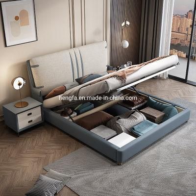 Modern Wooden Bedroom Set Furniture Iron Support Fabric Storage Bed