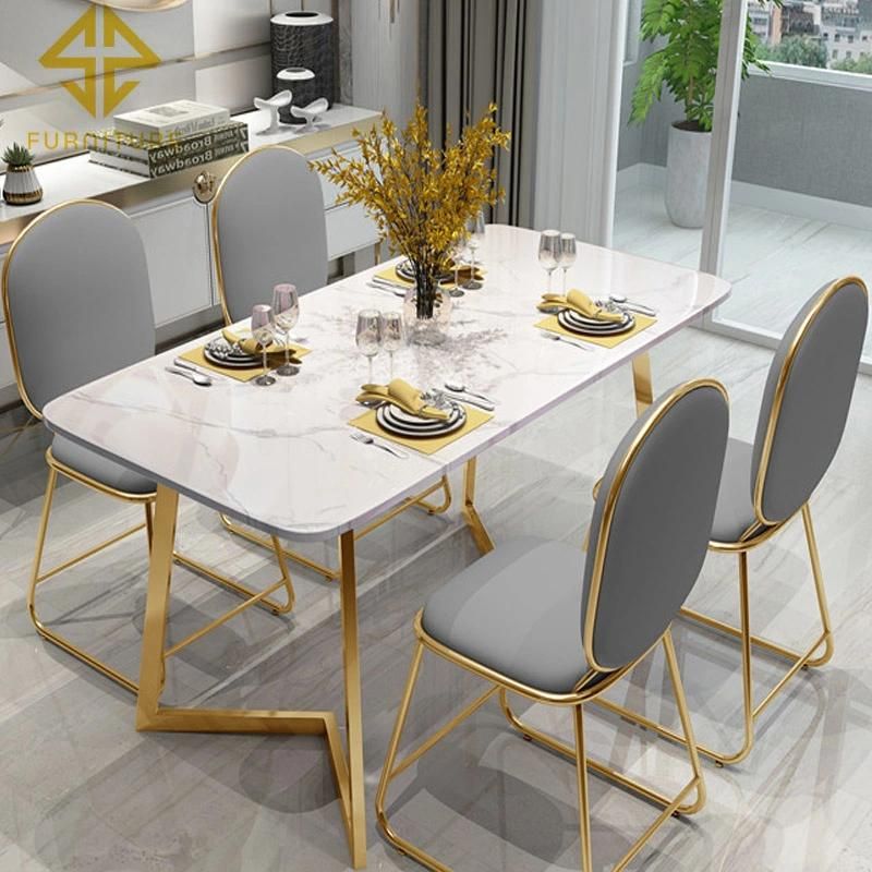 High Quality Special Design Stainless Steel Frame Marble Top Dining Room Table Sets Home Furniture