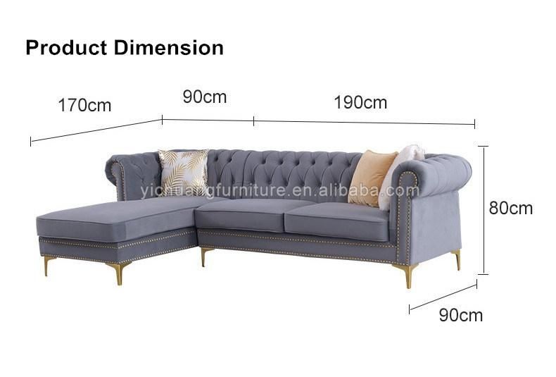 Comfortable Elegant Blue Velvet Fabric Chesterfield Modern Living Room Corner Sofa