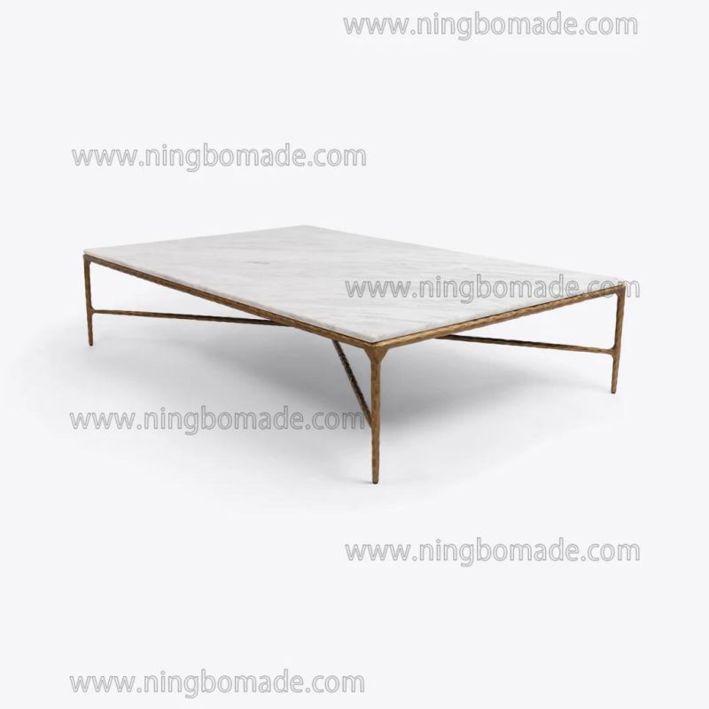 Rustic Hand Hammered Collection Furniture Forged Solid Iron Metal with Brass Color Thick Nature White Cloud Marble Rectangle Coffee Table