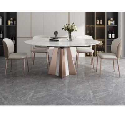 High End Modern Home Dining Furniture Elegant Marble Top Stainless Steel White Round Extendable Dining Table Set