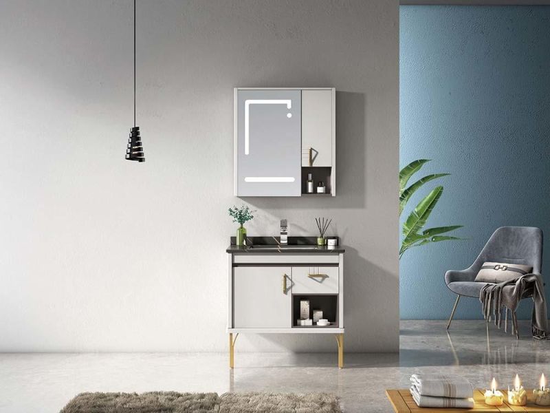 Factory Directly Sell Modern Furniture Mirror White Vanity PVC Bathroom Cabinet with Washing Basin