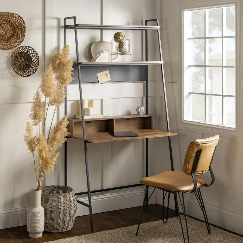 Industrial Style Metal Legs Wood Writing Study Table Home Office Desk with Storage Shelves 2-Tier Bookshelf