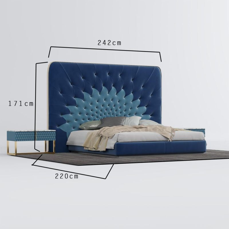 Unique Pattern Design Contemporary Bedroom Bed Furniture Dubai Luxury King Size High Headboard Blue Fabric Bed