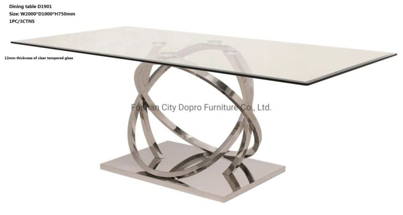 Dopro New Design Modern Style Stainless Steel Polished Silver Dining Table D1901 with Tempered Glass or Art Marble Table Top