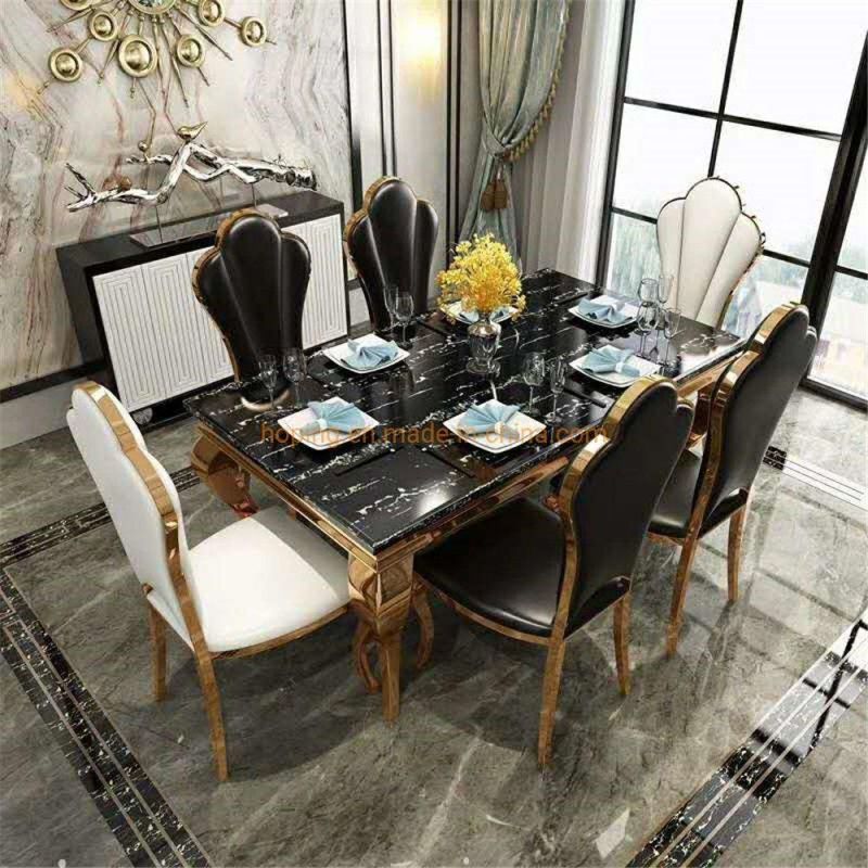 Modern Living Room Rectangle Marble Top 1+8 Seats White Square Dining Table Set with Leather Chair