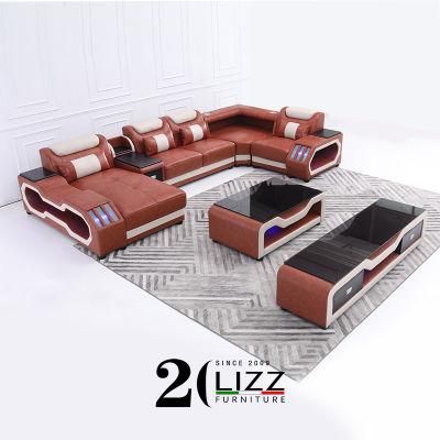 Latest Design LED Furniture European Luxury Modern Living Room Genuine Leather Sectional Sofa Furniture Set