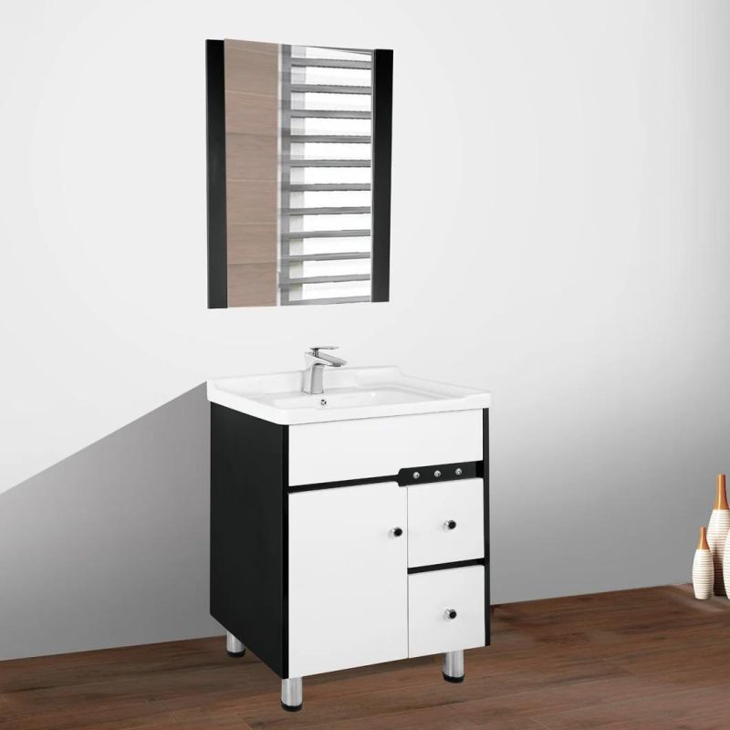 Black and White PVC Bathroom Cabinet with Mirror and Ceramic Sink