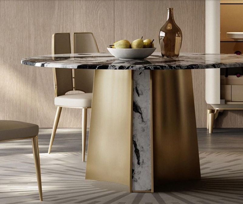 Modern New Design Hot Sale Luxury Dining Room Furniture Natural Marble Top Stainless Steel Frame Golden Round Dining Tables and Chairs