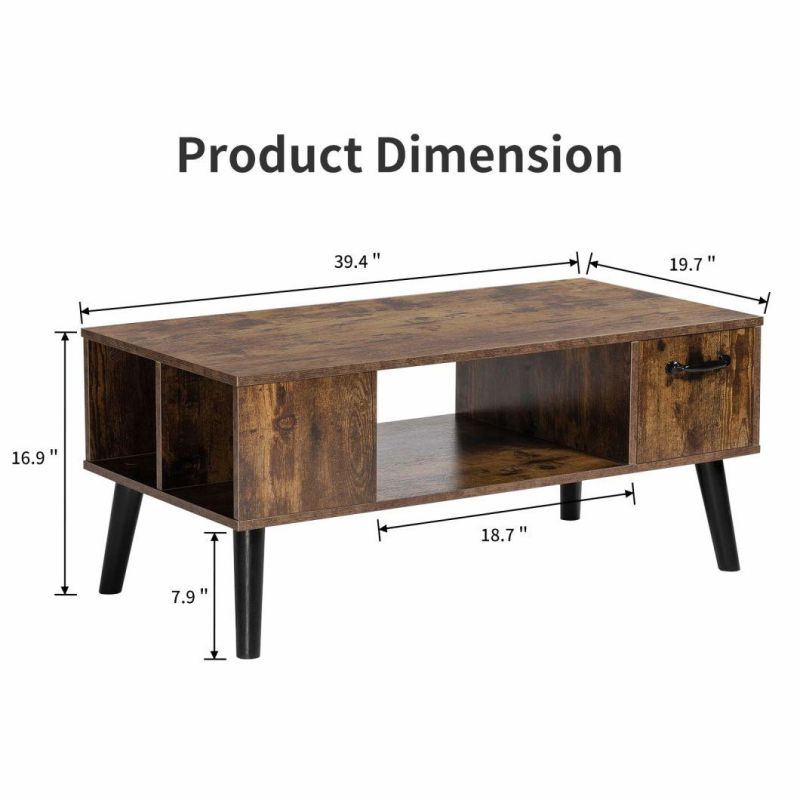 Retro Coffee Table with Storage, MID Century Coffee Tables for Living Room, Modern Wood Look Coffee Table with Open Storage Shelf and Drawer for Home